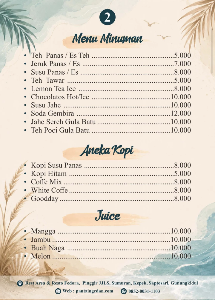 Rumah Makan Fedora Cocok  buat rombongan saat anda ke Gesing Wonderland dan Obelix Sea View, Pantai Ngedan dan  jika bus anda dari arah timur atau dari arah Jogja-Imogiri-Panggang