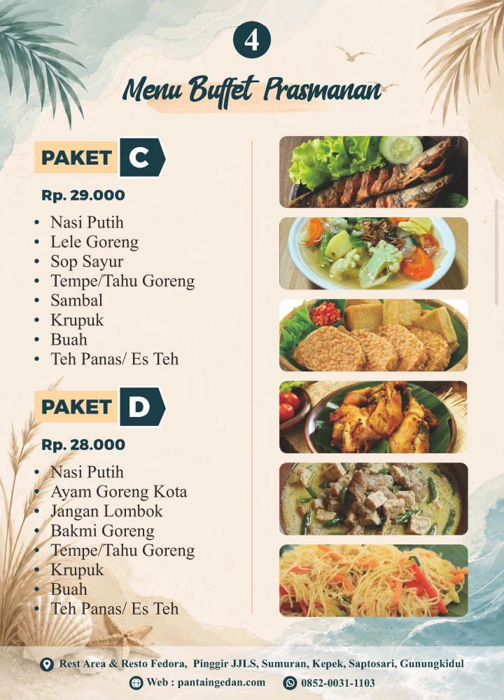 Rumah Makan Fedora Cocok  buat rombongan saat anda ke Gesing Wonderland dan Obelix Sea View, Pantai Ngedan, Pantai Ngobaran, Pantai Nguyahan dan  jika bus anda dari arah timur atau dari arah Jogja-Imogiri-Panggang